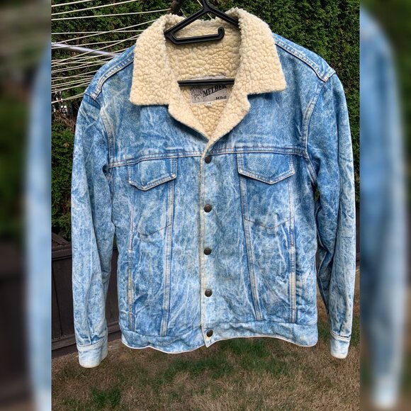 Vintage Acid-Wash Button-Down Coat - Jean Jacket - Denim Fleece Bomber, Men's 34 - Picture 1 of 8
